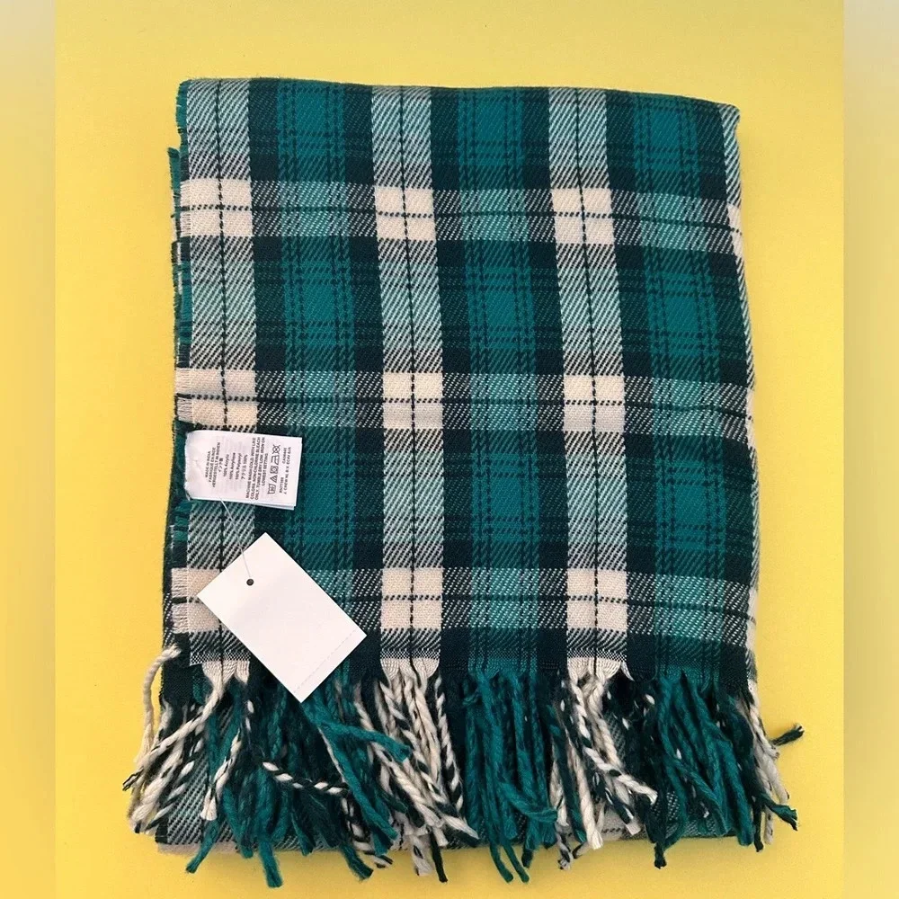J.Crew Unisex Men Women Green Plaid Extra Long Scarf BNWT